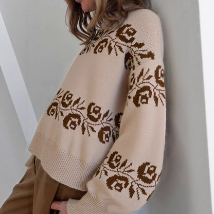 Damen Strickpullover Florales Muster Hochkragen