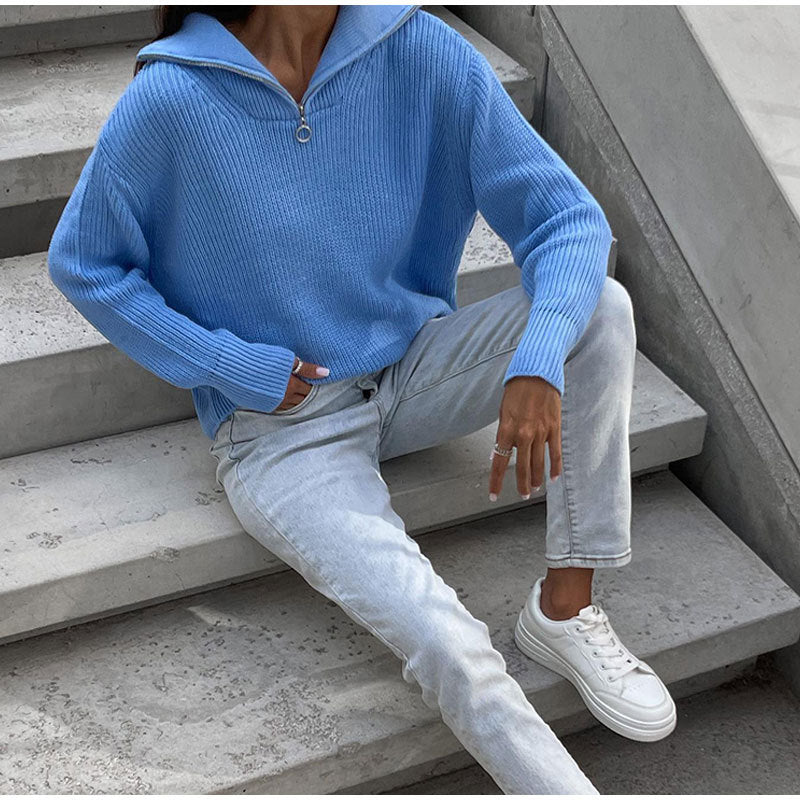 Damen Strickpullover Oversized mit Reißverschluss und Stehkragen