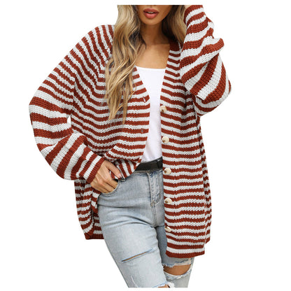 Damen Strickjacke breites Streifenmuster Knöpfe Beige