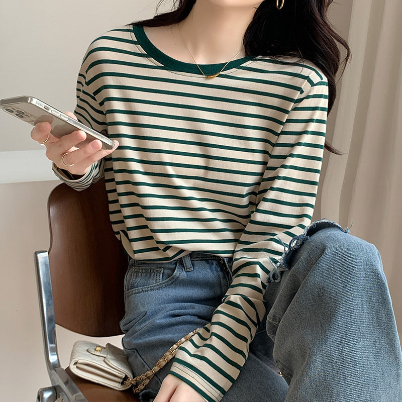 Damen Longsleeve-Shirt Maritimes Streifenmuster Lässig Weiß
