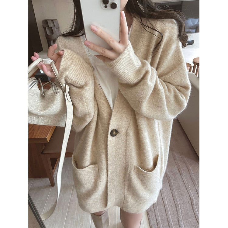 Damen Strickjacke Großes Modell Mit Taschen Kuschelig Beige