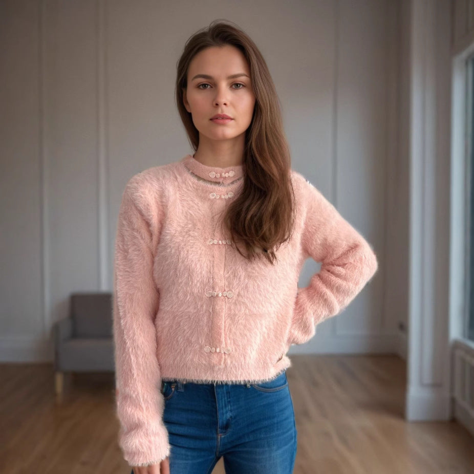 Damen Pullover Hochgeschlossen Kuschelig Dekorative Knöpfe Beige