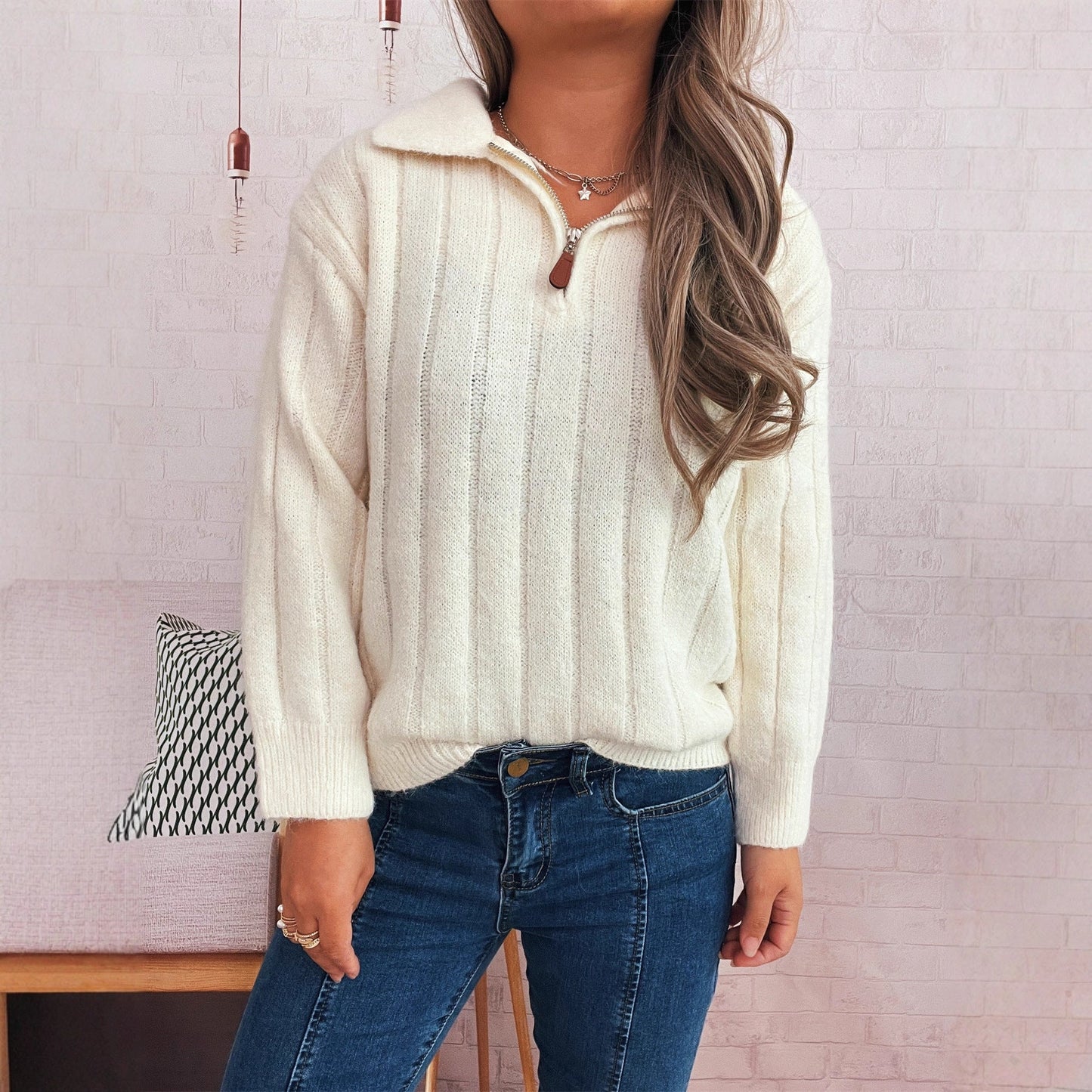 Damen Pullover Stehkragen Kurzärmel Eveloria