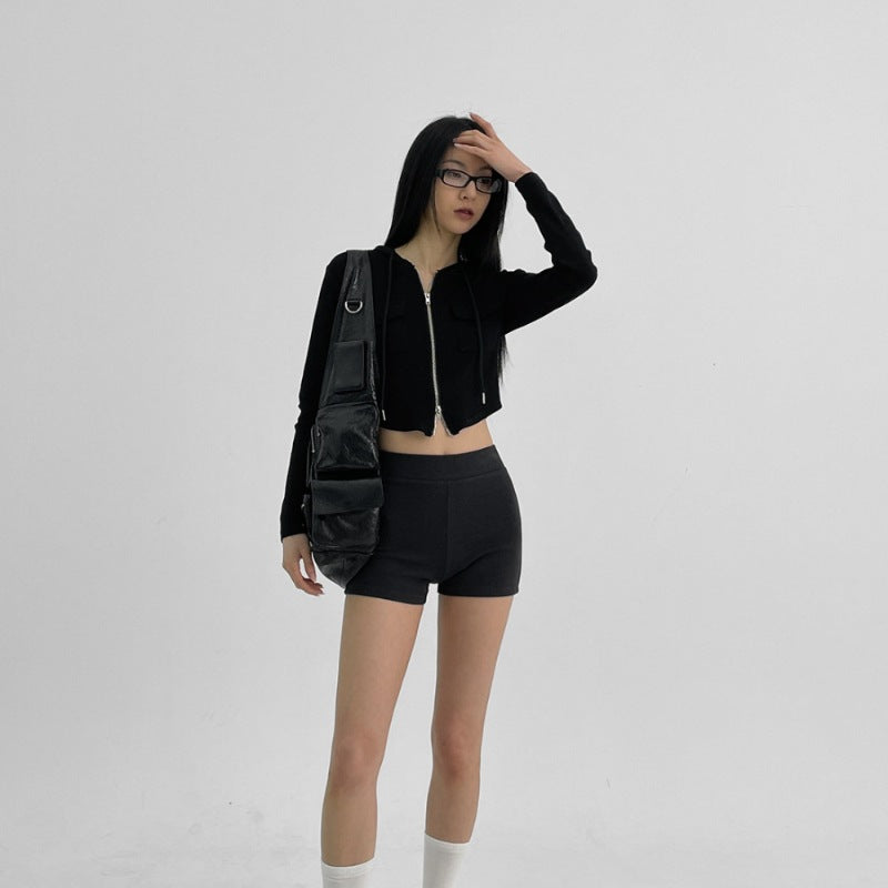 Damen Cropped Freizeitjacke Reißverschluss Kapuze Eveloria