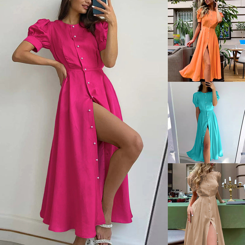 Damen Maxikleid Puffärmel Hochschlitz Eveloria