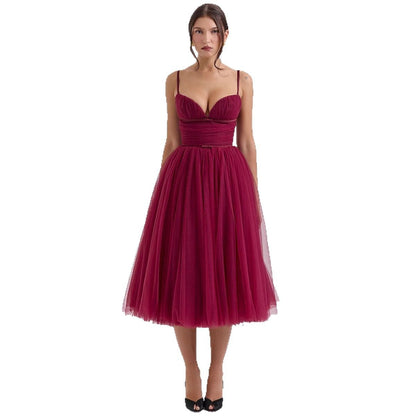 Damen Tüll Cocktailkleid V-Ausschnitt Taillengürtel
