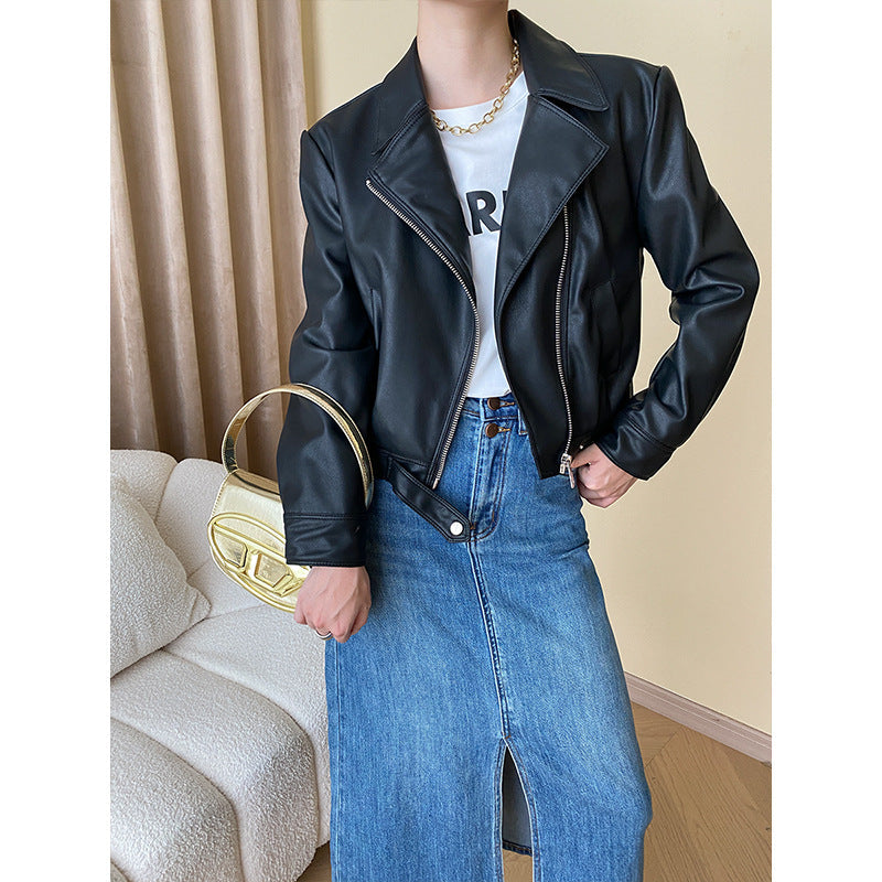 Damen Kunstlederjacke Reißverschluss Moderner Kragen Eveloria