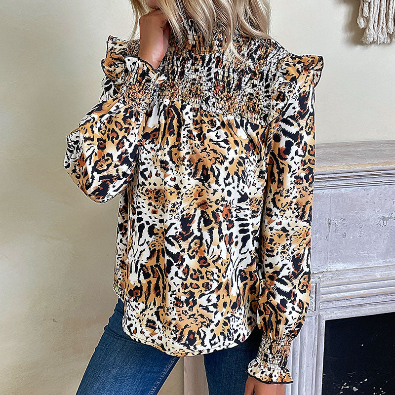 Damen Bluse Puffärmel Elastisch Rüschenkragen
