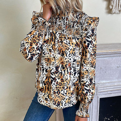 Damen Bluse Puffärmel Elastisch Rüschenkragen