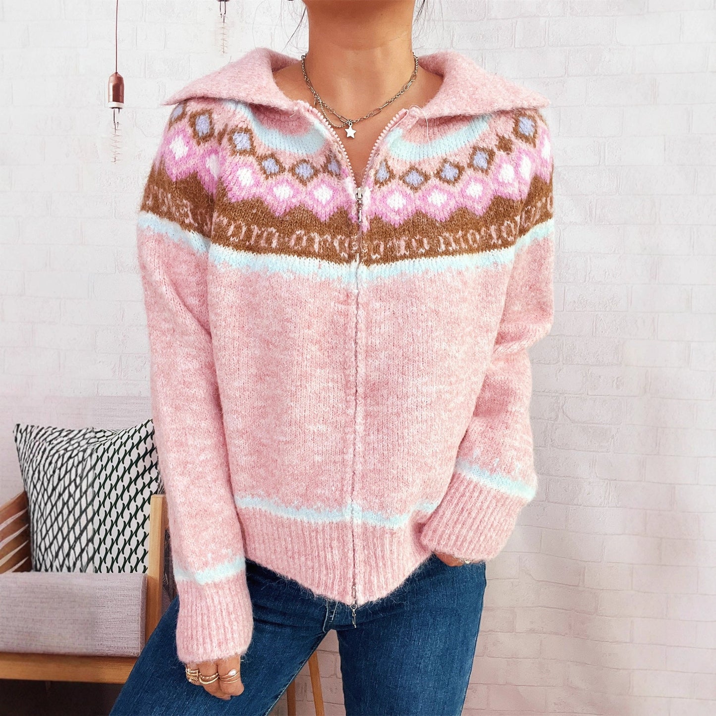 Damen Strickjacke Floralmuster Modern Reißverschluss Eveloria