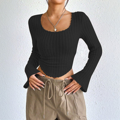 Damen Langarm Crop Rippdesign Abgerundeter Saum Schwarz Eveloria - Eveloria