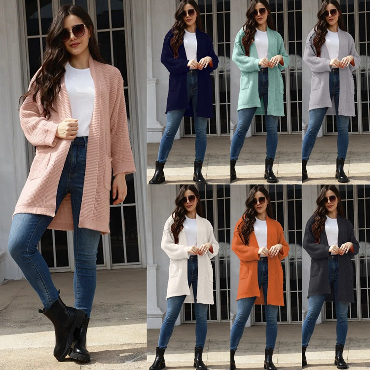Damen Strickcardigan Offene Taschen Weiter Schnitt Beige - Eveloria