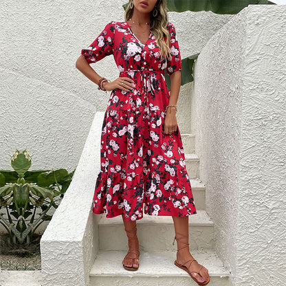 Damen Blumenkleid V-Ausschnitt Elastisch Eveloria