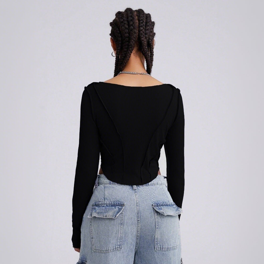 Damen Langarm Bodysuit V-Ausschnitt Cut-Out-Details