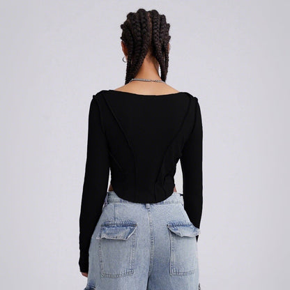 Damen Langarm Bodysuit V-Ausschnitt Cut-Out-Details