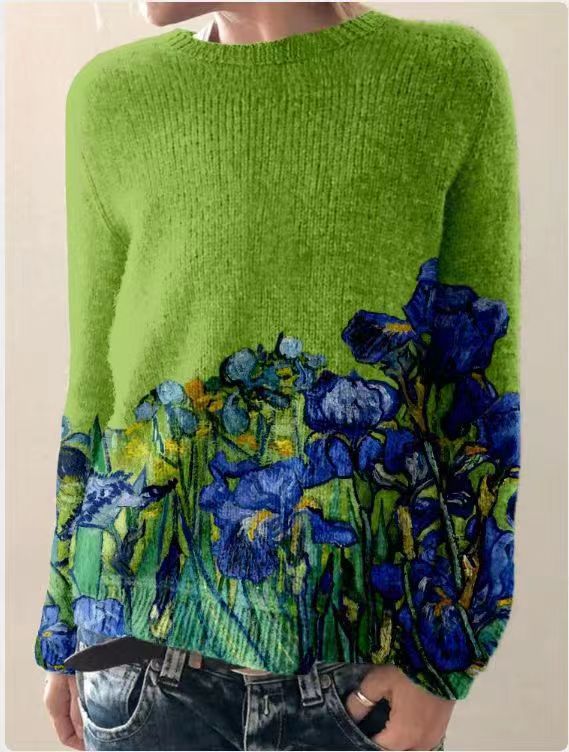 Damen Sweatshirt Wollgefühl Floral Bestickt Langarm