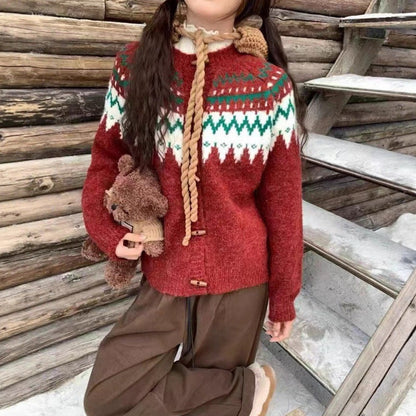 Damen Strickpullover Norweger Muster Kapuze