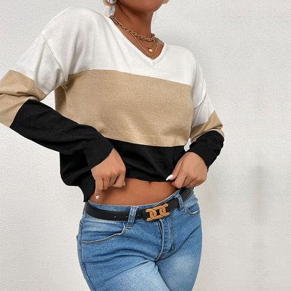 Damen Pullover V-Ausschnitt Farbblock-Design Eveloria