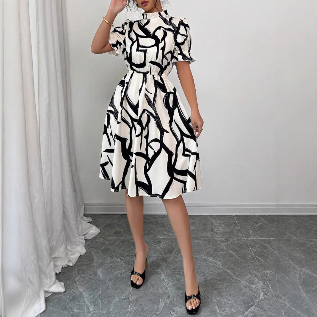 Damen Midi-Kleid Pflanzenmuster Gummizug Eveloria
