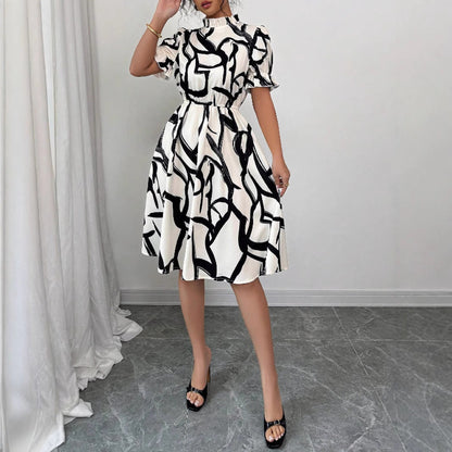 Damen Midi-Kleid Pflanzenmuster Gummizug Eveloria