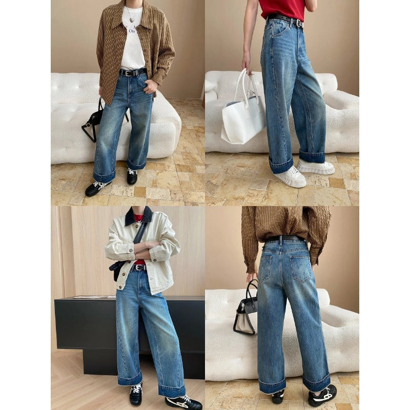 Damen Jeansjacke Lässig Kontrastkragen Große Taschen Blau Eveloria