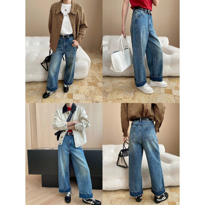 Damen Jeansjacke Lässig Kontrastkragen Große Taschen Blau Eveloria