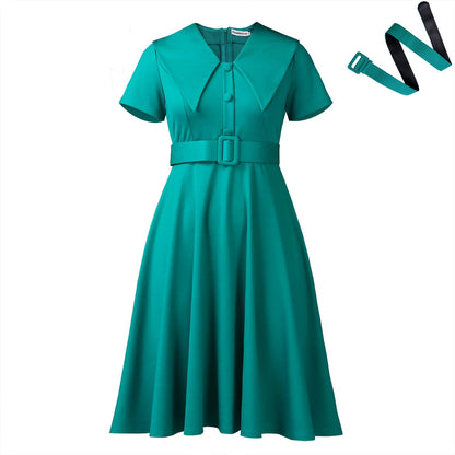 Damen A-Linien Kleid mit Kragen und Bindegürtel Elegant
