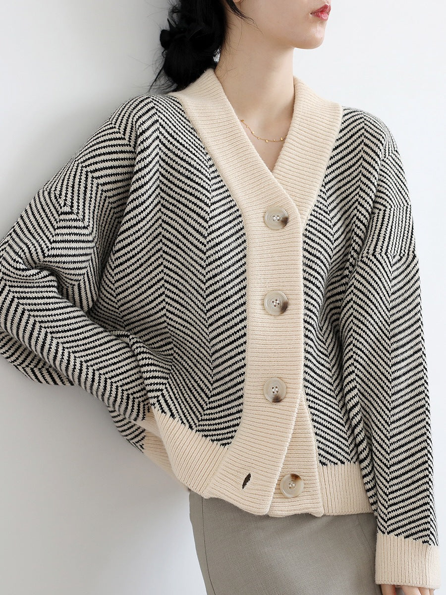 Damen Strickjacke Chevron-Muster Elegante Knöpfe Beige