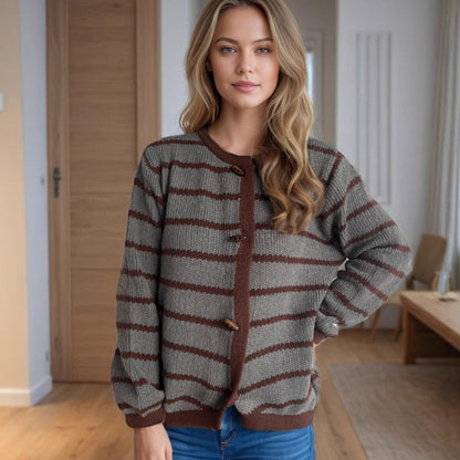 Damen Strickcardigan mit Holzknöpfen und Streifenmuster