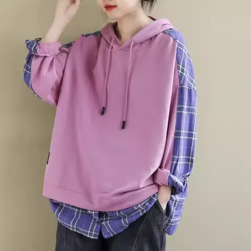 Damen Kapuzenpullover Karo Applikation Weich Innenfutter