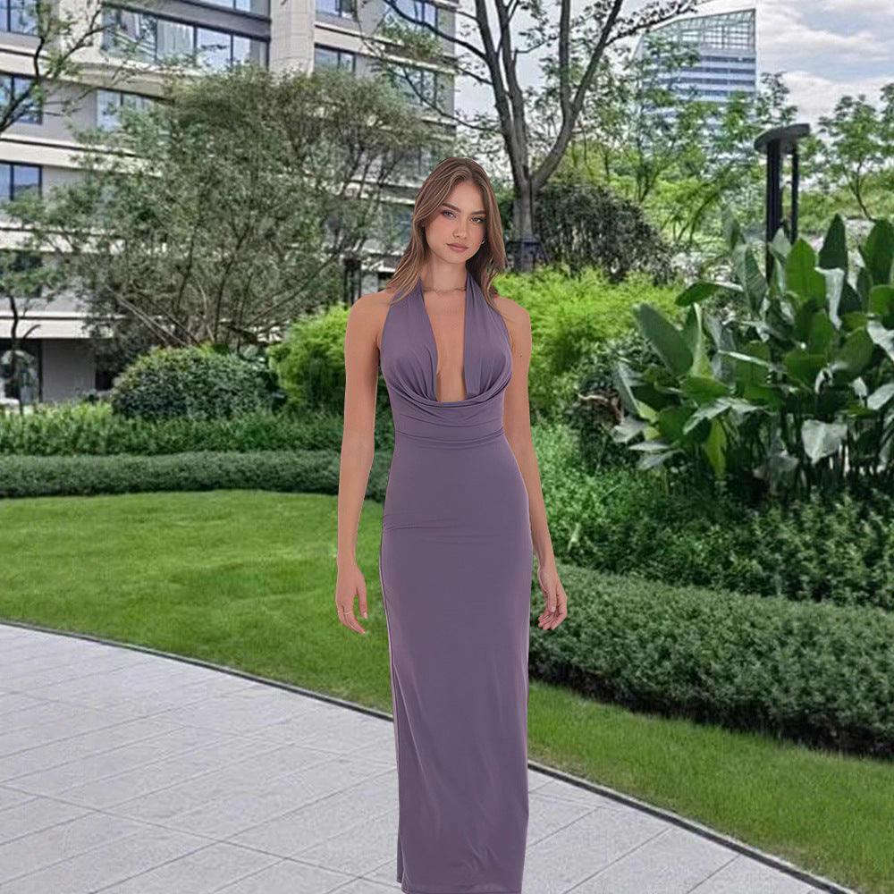 Damen Langarm-Kleid mit V-Ausschnitt und fließendem Saum Eveloria