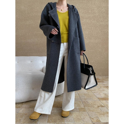 Damen Wollmantel Mit Kapuze Praktische Taschen Eveloria