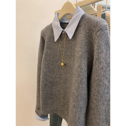 Damen Strickpullover Hemdkragen Moderner Schnitt