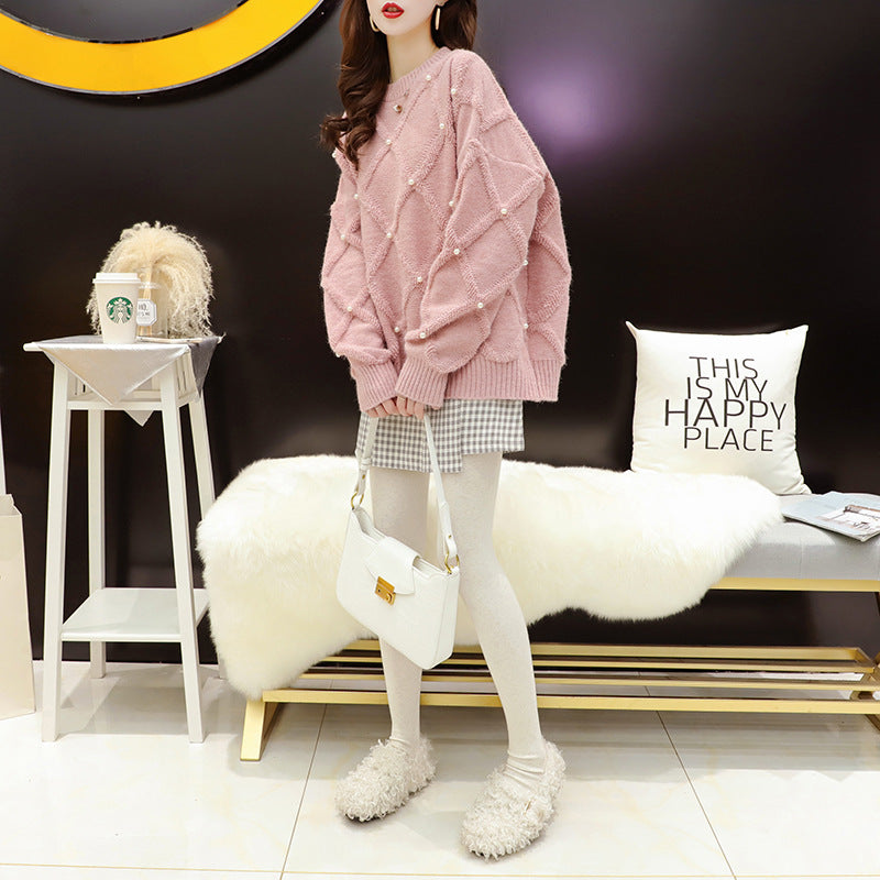 Damen Oversized Pullover Strukturmuster Perlenverzierungen Eveloria