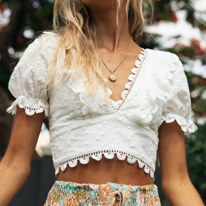 Damen Crop- Floralmuster Spitzenbesatz - Eveloria