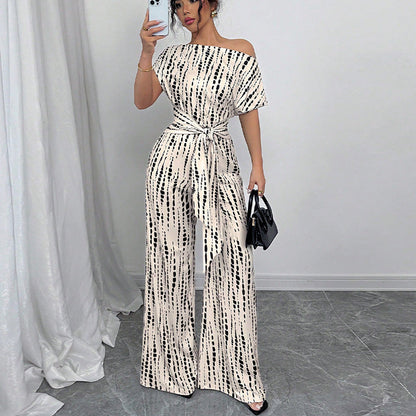 Damen Jumpsuit Asymmetrischer Ausschnitt Florale Rüschen