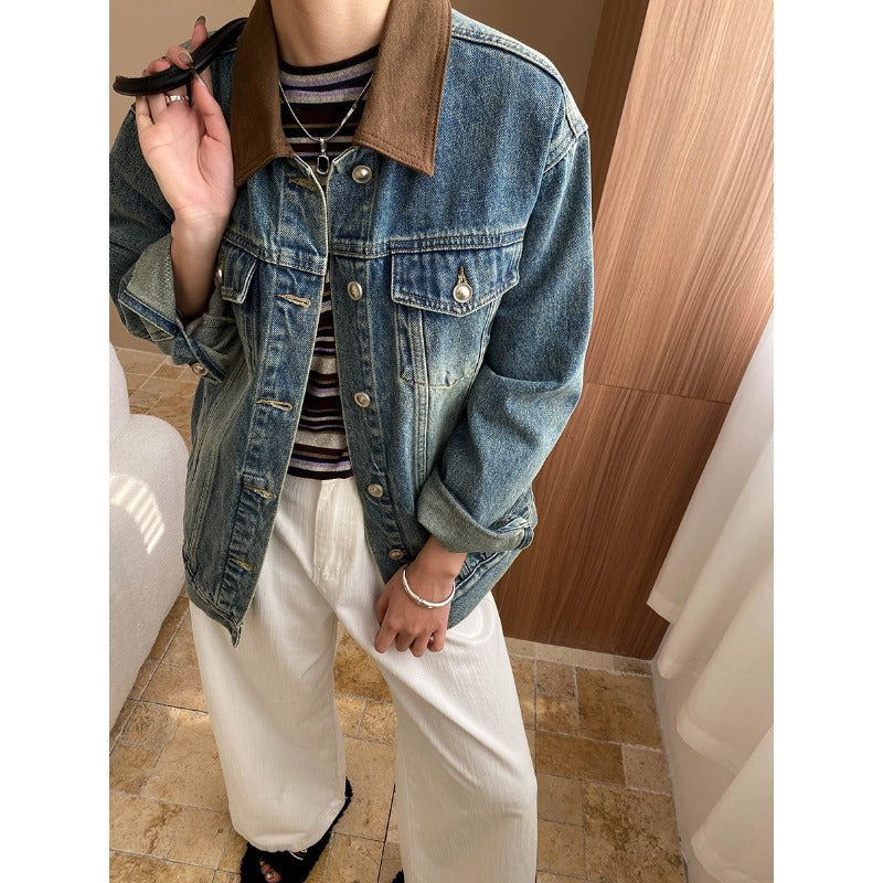 Damen Jeansjacke Lässiger Schnitt Kontrastkragen Blau - Eveloria