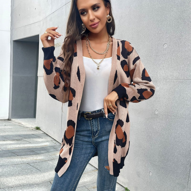 Damen Cardigan Lässig Leopardenmuster Offener Schnitt
