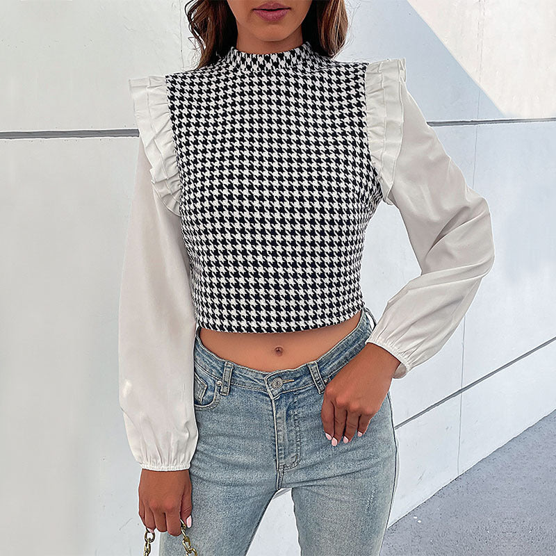 Damen Crop- Voluminöse Ärmel Karomuster Schwarz - Eveloria