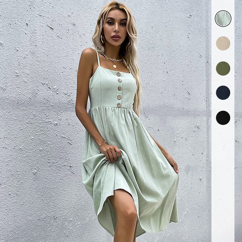 Damen Midi-Kleid mit Knopfleiste und verstellbaren Trägern Eveloria - Eveloria