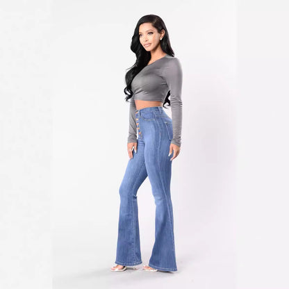 Damen Highwaist Flare Jeans Dekorative Knöpfe Eveloria