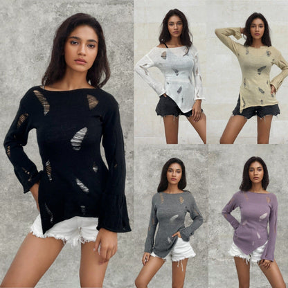 Damen Rippstrickpullover Distressed Details Grau Eveloria - Eveloria