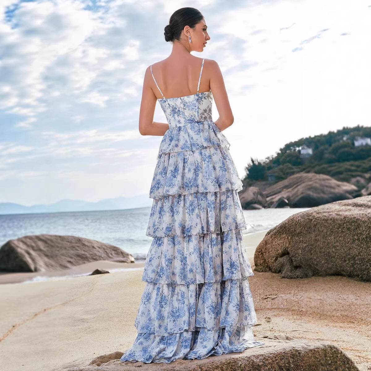 Damen Maxikleid Boho-Stil Floralmuster Herz-Ausschnitt