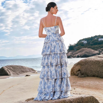 Damen Maxikleid Boho-Stil Floralmuster Herz-Ausschnitt