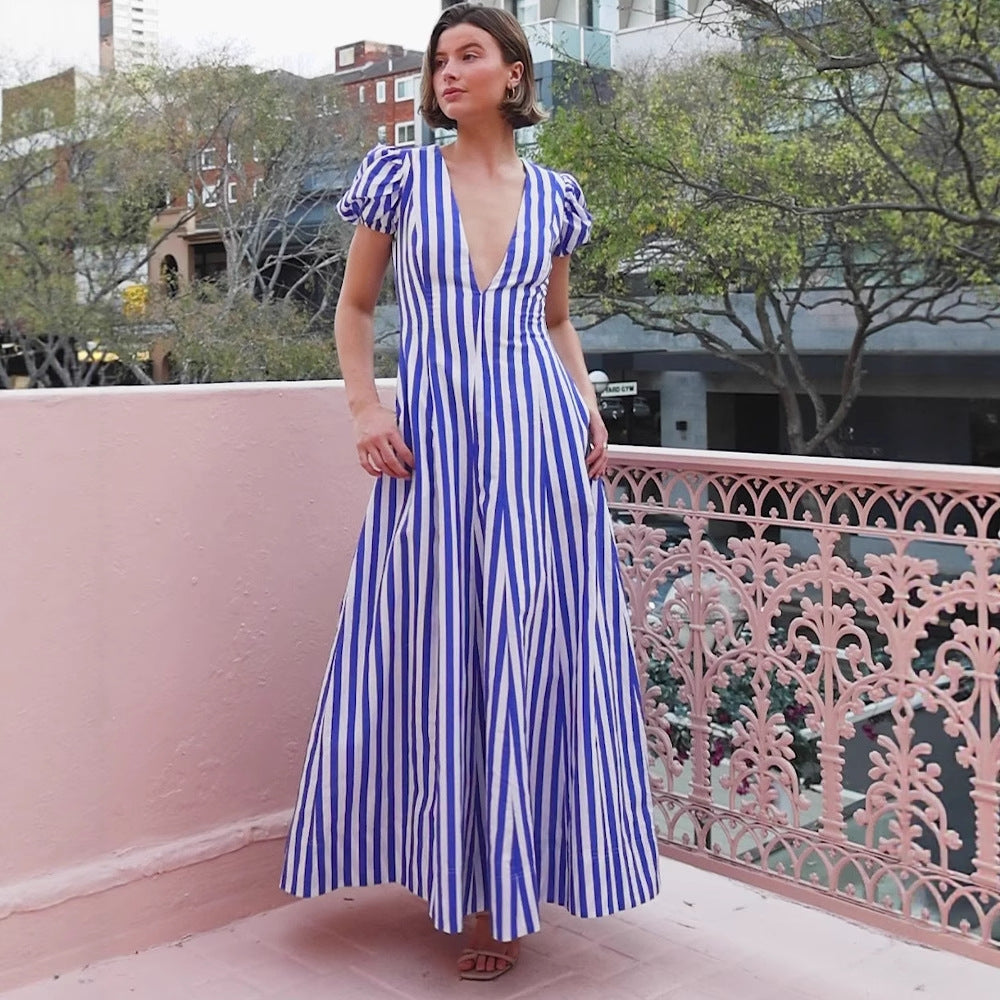 Damen Maxikleid V-Ausschnitt Puffärmel Eveloria