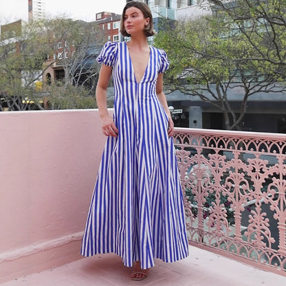 Damen Maxikleid V-Ausschnitt Puffärmel Eveloria