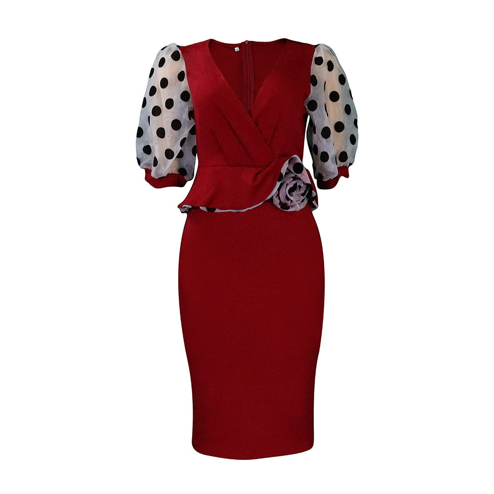 Damen Wickelkleid Puffärmel Tailleneinsatz Eveloria