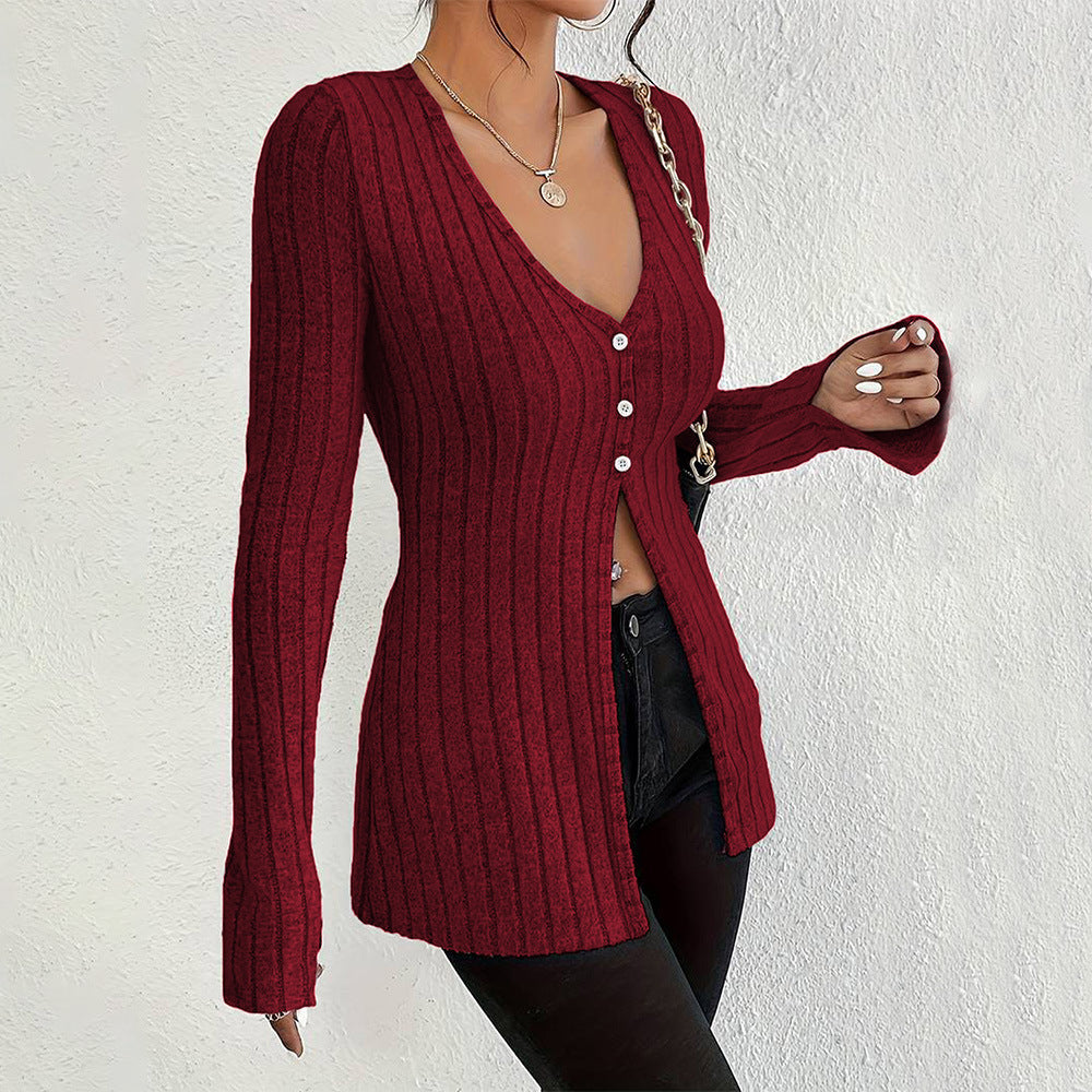 Damen Langarm Cardigan Feine Rippstruktur Elegant Eveloria