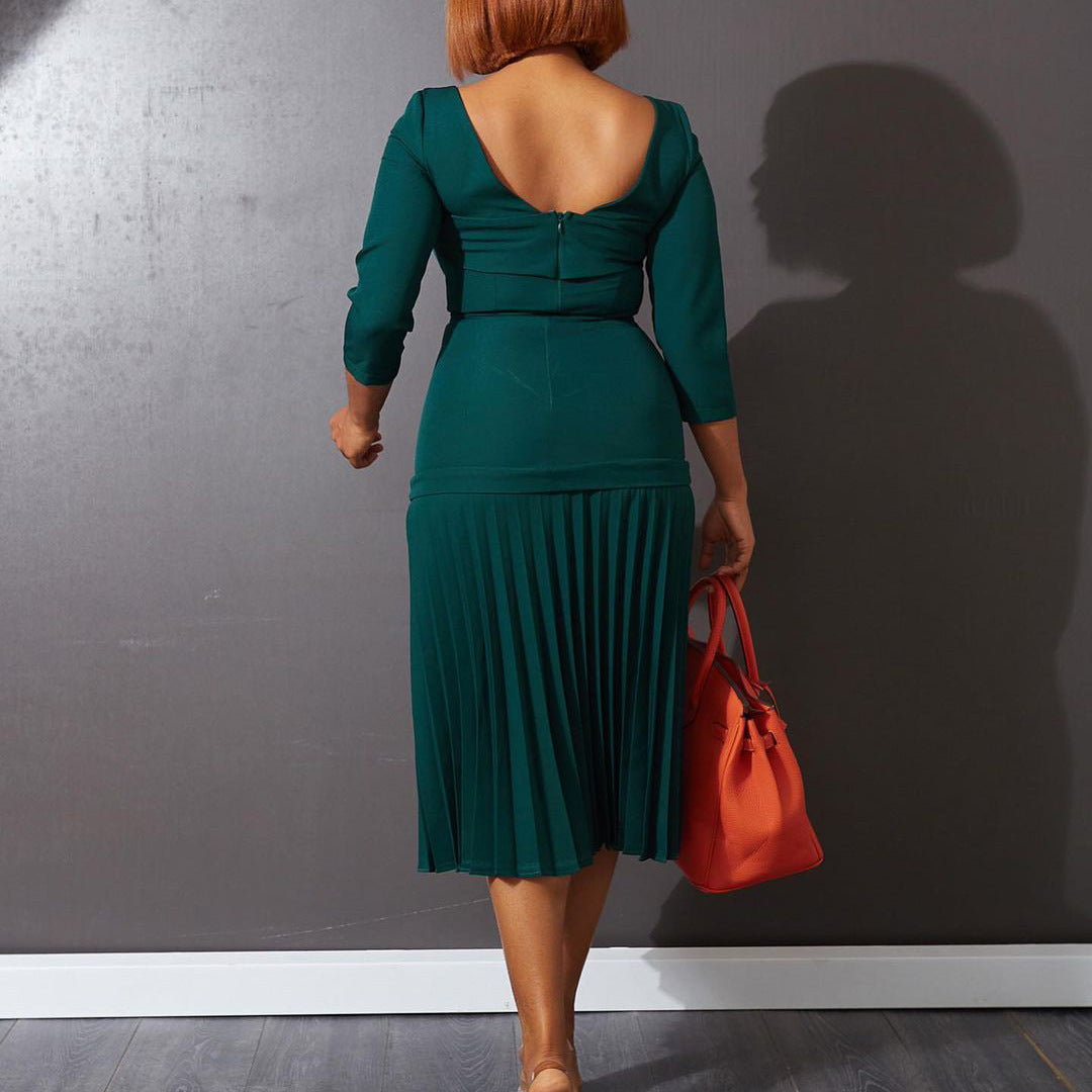 Damen Plissee-Kleid mit Quadrat-Ausschnitt und 3/4-Ärmeln