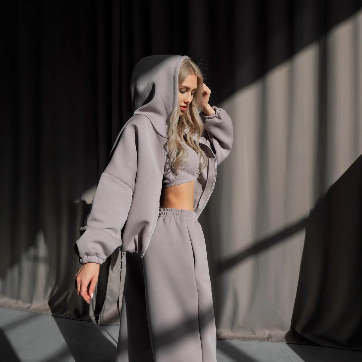 Damen Cropped Hoodie Lässig Elegant Grau